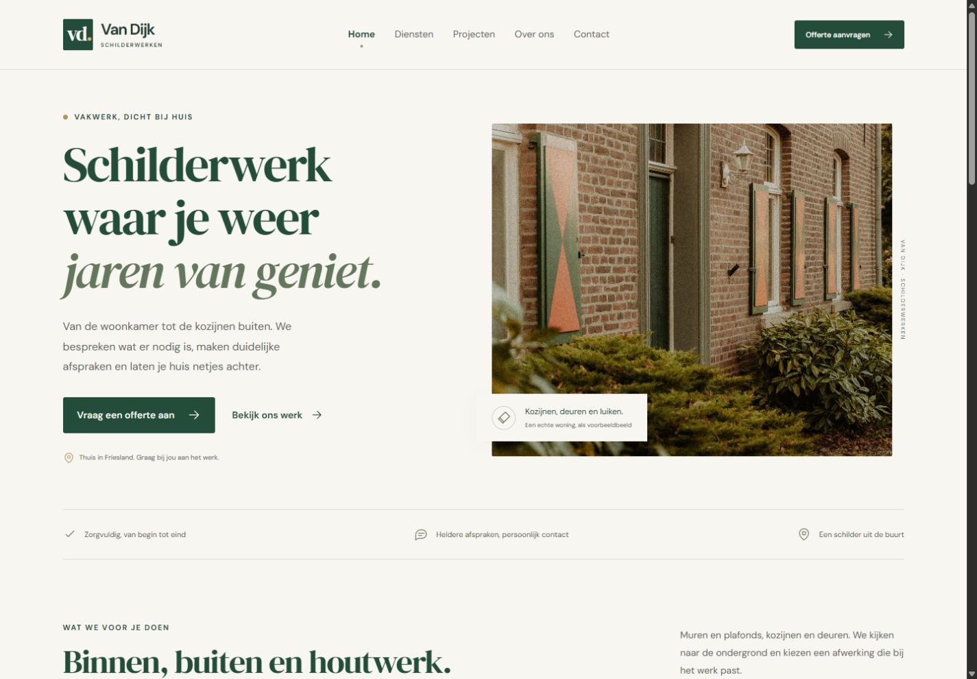 Homepage van de fictieve schilderdemo Van Dijk met groene tinten en een woningfoto