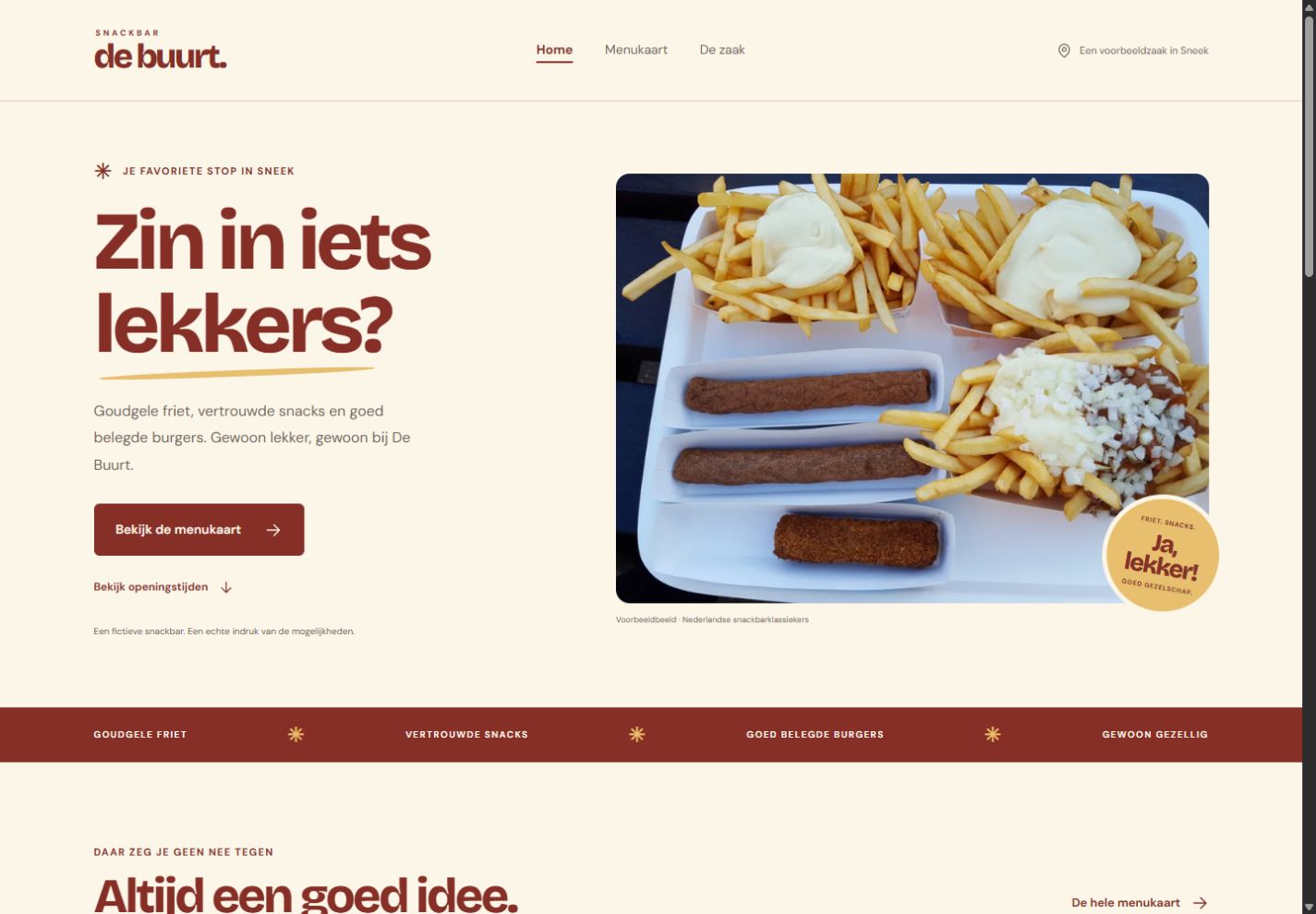 Homepage van de fictieve snackbardemo De Buurt met rode letters en een foto van friet en snacks